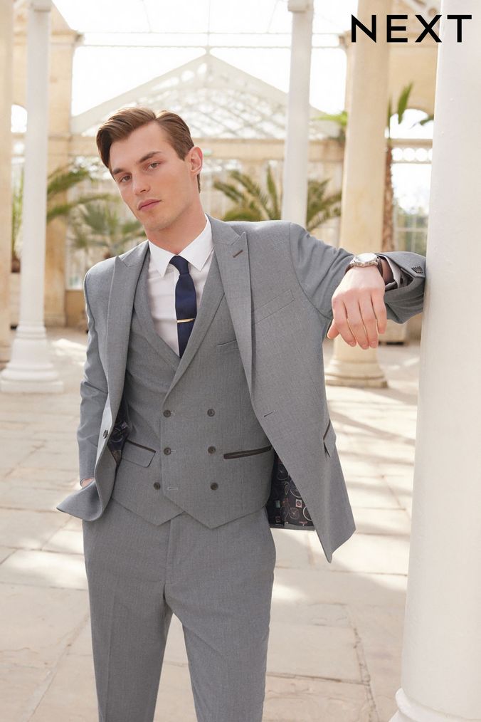 Grey Slim Slim Fit Trimmed Herringbone Suit Jacket (286521) | £84