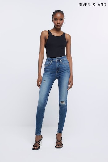 River Island Blue Ripped High Waisted Sculpt Skinny Jeans (286703) | £49