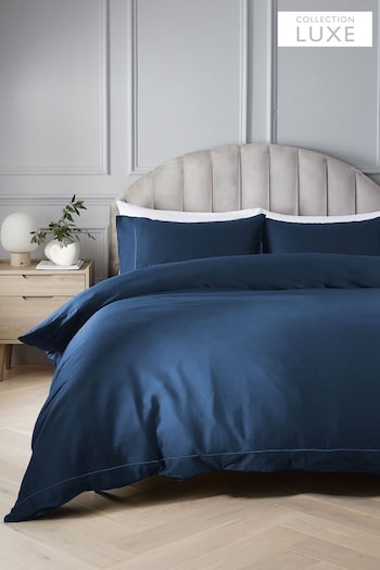 Navy Collection Luxe 300 Thread Count 100% Cotton Sateen Satin Stitch Duvet Cover And Pillowcase Set (289338) | £35 - £68