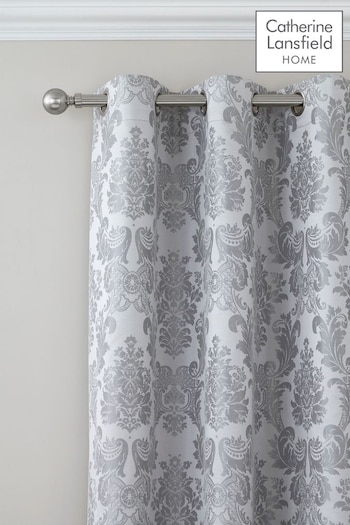 Catherine Lansfield Silver Damask Jacquard Lined Eyelet Curtains (289675) | £60 - £65
