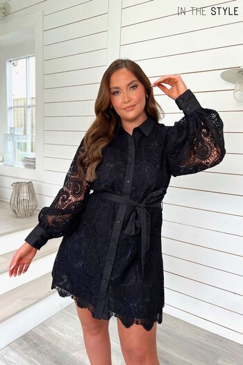 In The Style Black Jac Jossa Lace Belted Shirt Dress (289877) | £40