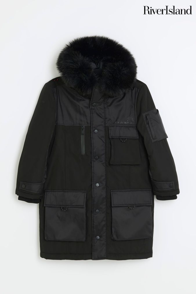 River Island Black Padded Longline Boys Coat (290096) | £52 - £70