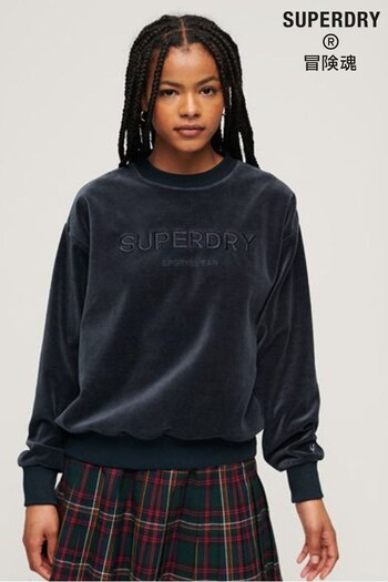 Superdry Blue Velour Graphic Boxy Crew Sweatshirt Arched (290313) | £55