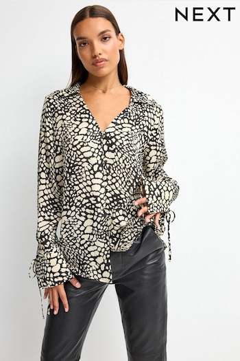 Monochrome Print Tie Sleeve Textured Collared V-Neck Blouse (293172) | £28