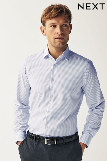 White/Light Blue Stripe Regular Fit Single Cuff Textured Cotton Shirt (293697) | £34