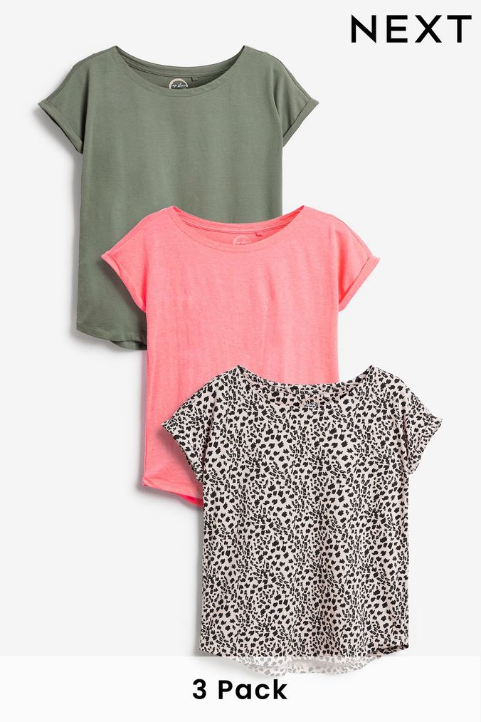 Khaki/Animal/Fluro Pink Cap Sleeve T-Shirts 3 Pack (293710) | £24.50