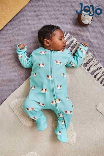 JoJo Maman Bébé Blue Guinea Pig Print Zip Cotton Baby Sleepsuit (294324) | £20