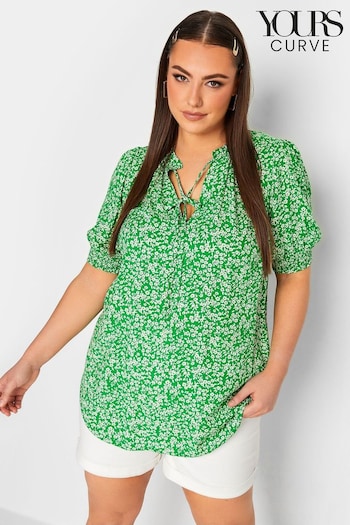 Yours Curve Green Tie Neck Short Sleeve Blouse (294443) | £25