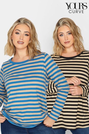 Yours Curve Blue Longsleeve Stripe T-Shirts 2 Packs (296137) | £29