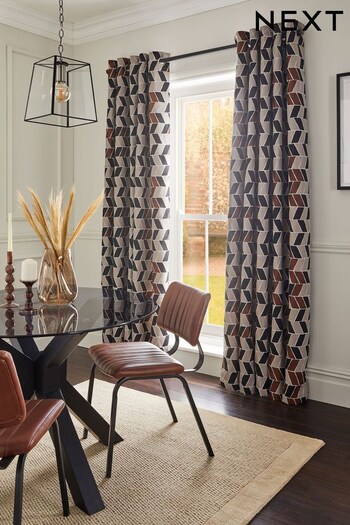 Monochrome/Brown Chevron Jacquard Eyelet Lined Curtains (296764) | £90 - £190