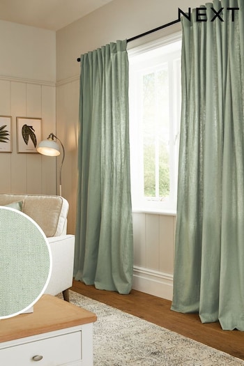 Sage Green Washed Cotton Linen Hidden Tab Top Lined Curtains (297245) | £50 - £115