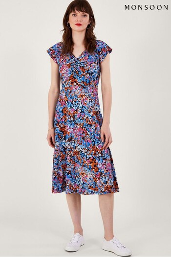 Monsoon Blue Twist Detail Ditsy Print Jersey Dress (299169) | £75