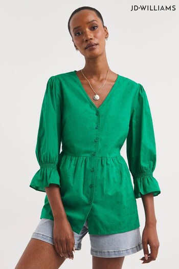 JD Williams Green Cotton Dobby Puff Sleeve Top (300266) | £28