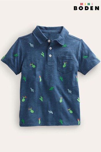 Boden Blue Embroidered Slub Jersey Polo Shirt (300349) | £19 - £21