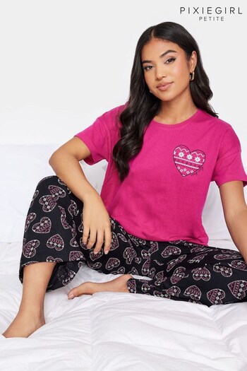 PixieGirl Petite Pink Fairisle Heart Wide Leg Pyjamas Set (300740) | £24