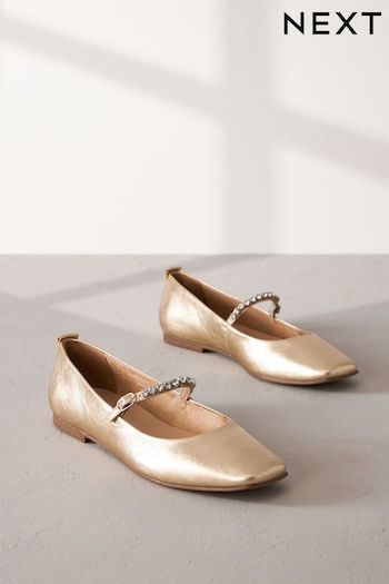 Gold Jewel Signature Leather Mary Jane Flat Shoes (301012) | £48