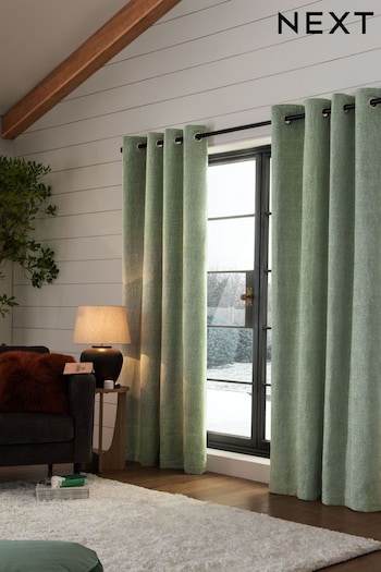 Sage Green CerbeShops Heavyweight Chenille Eyelet Lined Curtains (301033) | £60 - £175