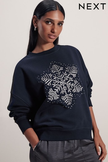 Navy Vita Snowflake Embroidered Sparkle Sweatshirt (301034) | £34