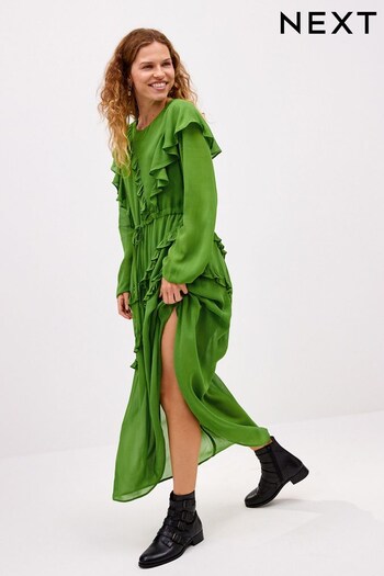 Preen Green Ruffle Tie Waist Long Sleeve Midi Dress (301204) | £68