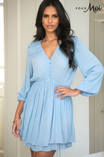 Pour Moi Blue Kate Woven Viscose Button Detail Long Sleeve Dress (301449) | £49
