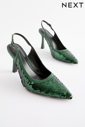 Green Forever Comfort Sequin Point Toe Slingback Heels (301971) | £42