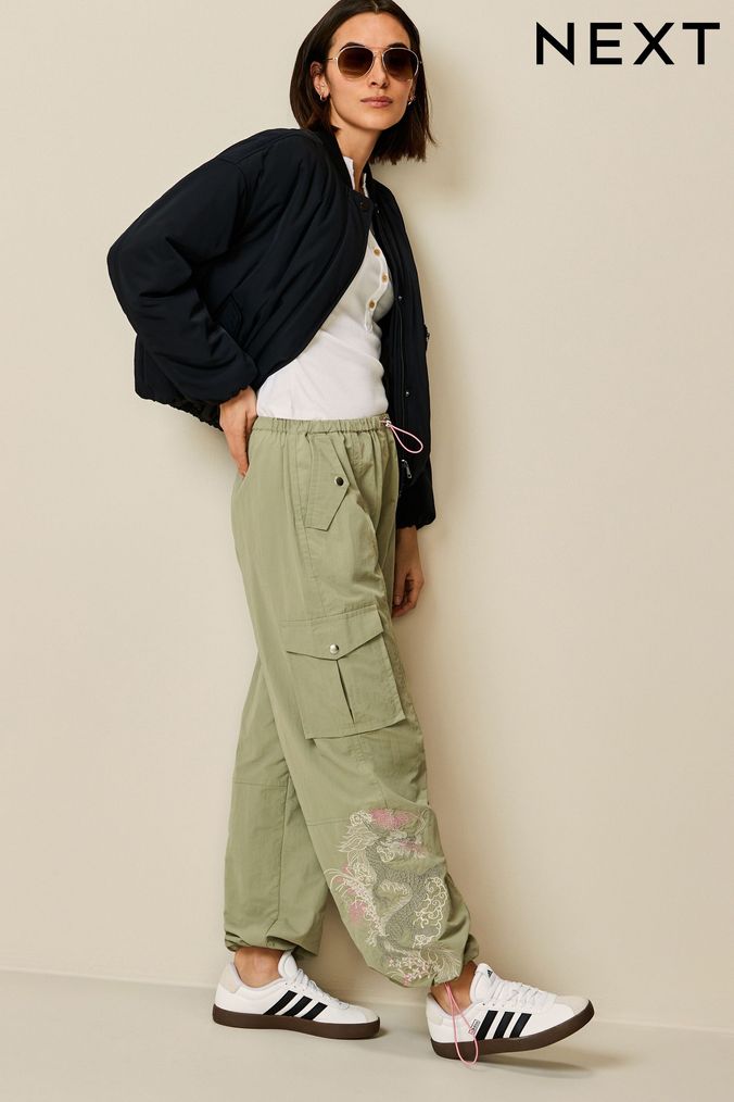 Sage Green Embroidered Parachute Pull On Cargo Trousers EXCLUSIVE (302450) | £32