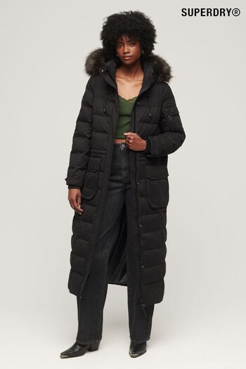 Superdry Black Faux Fur Hooded Parka Longline Coat (302513) | £165