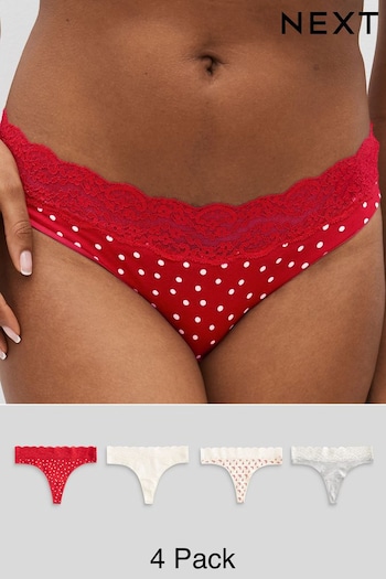Cream/Grey/Red Thong Cotton and Lace Knickers 4 Pack (302795) | £15