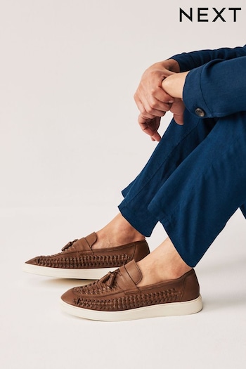 Tan Brown Leather Woven Tassel Loafers (302998) | £52