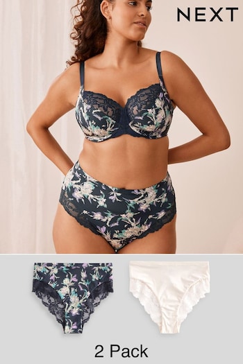 Navy Blue Floral Print/Cream High Rise Lace Trim Knickers 2 Pack (304631) | £20