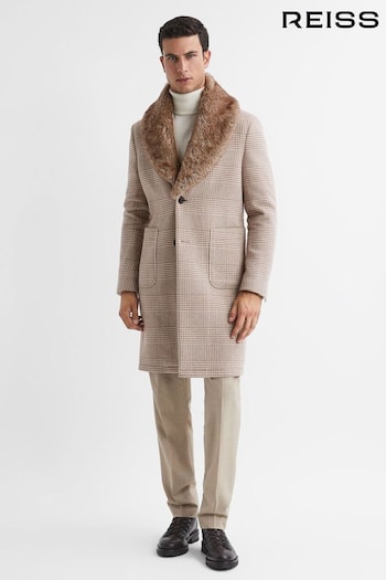Reiss Oatmeal Jackie Wool Check Faux Fur Lapel Coat (304857) | £398