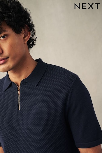 Navy Blue Knitted Bubble Textured Regular Fit Polo Cropped Shirt (305422) | £30