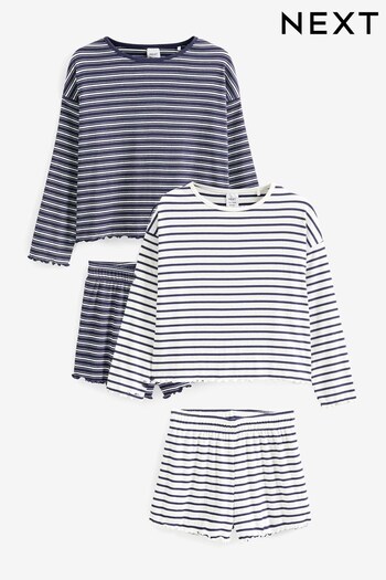 Navy Blue/White Stripe Rib Short Pyjamas 2 Pack (3-16yrs) (305484) | £24 - £32