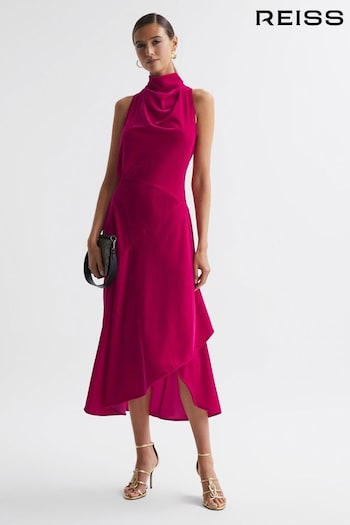 Reiss Pink Giannon Velvet Funnel Neck Asymmetric Midi Dress (305755) | £268