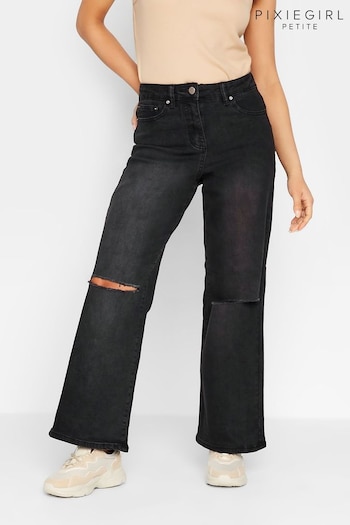 PixieGirl Petite Black Distressed Stretch Wide Leg Jeans Pocket (306435) | £43