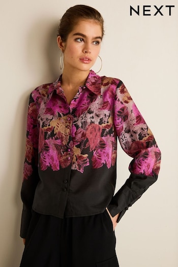 Purple/Black Floral Placement Sheer Placement Print Long Sleeve Shirt (306606) | £40