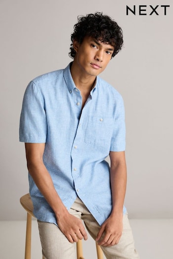 Blue Standard Collar Linen Blend Sweaters Sleeve Shirt (306628) | £28