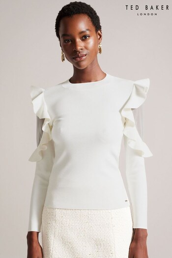 Ted Baker Floraas Fitted Knit White Top With Sheer Shoulders (306716) | £110