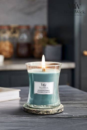Woodwick Blue Medium Evergreen Cashmere Scented Jar Candle (307608) | £25