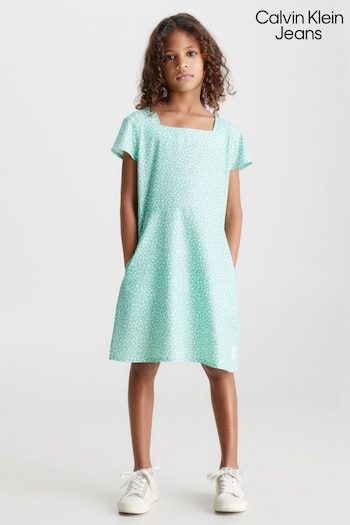 Calvin Klein Jeans Girls Green Flower Printed Dress (308144) | £85