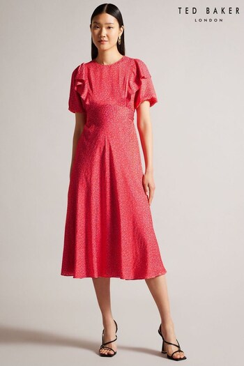 Ted Baker Pink Mayyia Puff Sleeve Ruffle Midi Dress (308283) | £195