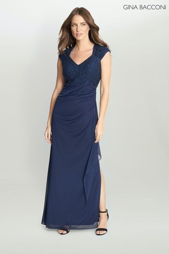 Gina Bacconi Blue Kali Long Cap Sleeve Empire Waist Dress (308637) | £270