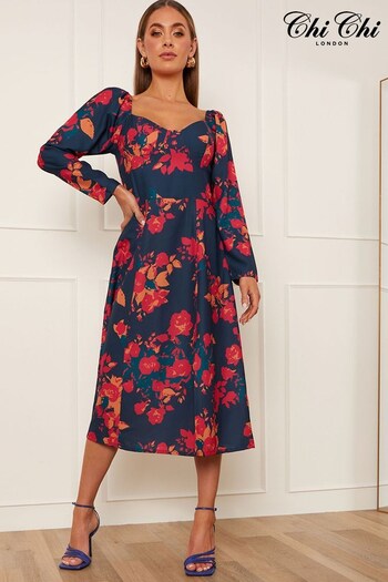 Chi Chi London Blue Long Sleeve Floral Midi Dress (308714) | £65