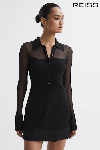Reiss Black Nelly Sheer Knitted Button-Through Top (308831) | £148