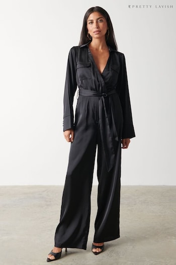 Pretty Lavish Black Carmen Satin Jumpsuit (309166) | £78