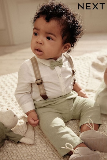 Sage Green Baby Down Shirt, Trousers and Braces 3 Piece Set (0mths-2yrs) (309854) | £24 - £26