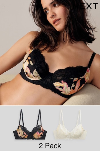 Black Floral Print/Cream Non Pad Full Cup Bras 2 Pack (310309) | £26