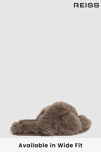 Reiss Grey Aspen Faux Fur Slippers (310435) | £48