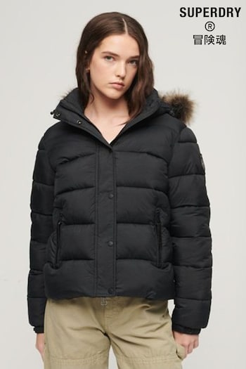 Superdry Black Faux Fur Short Hooded Puffer Jacket (311129) | £110