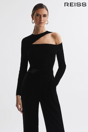 Reiss Black Adele Velvet Fitted Cut-Out Jumpsuit (311375) | £178